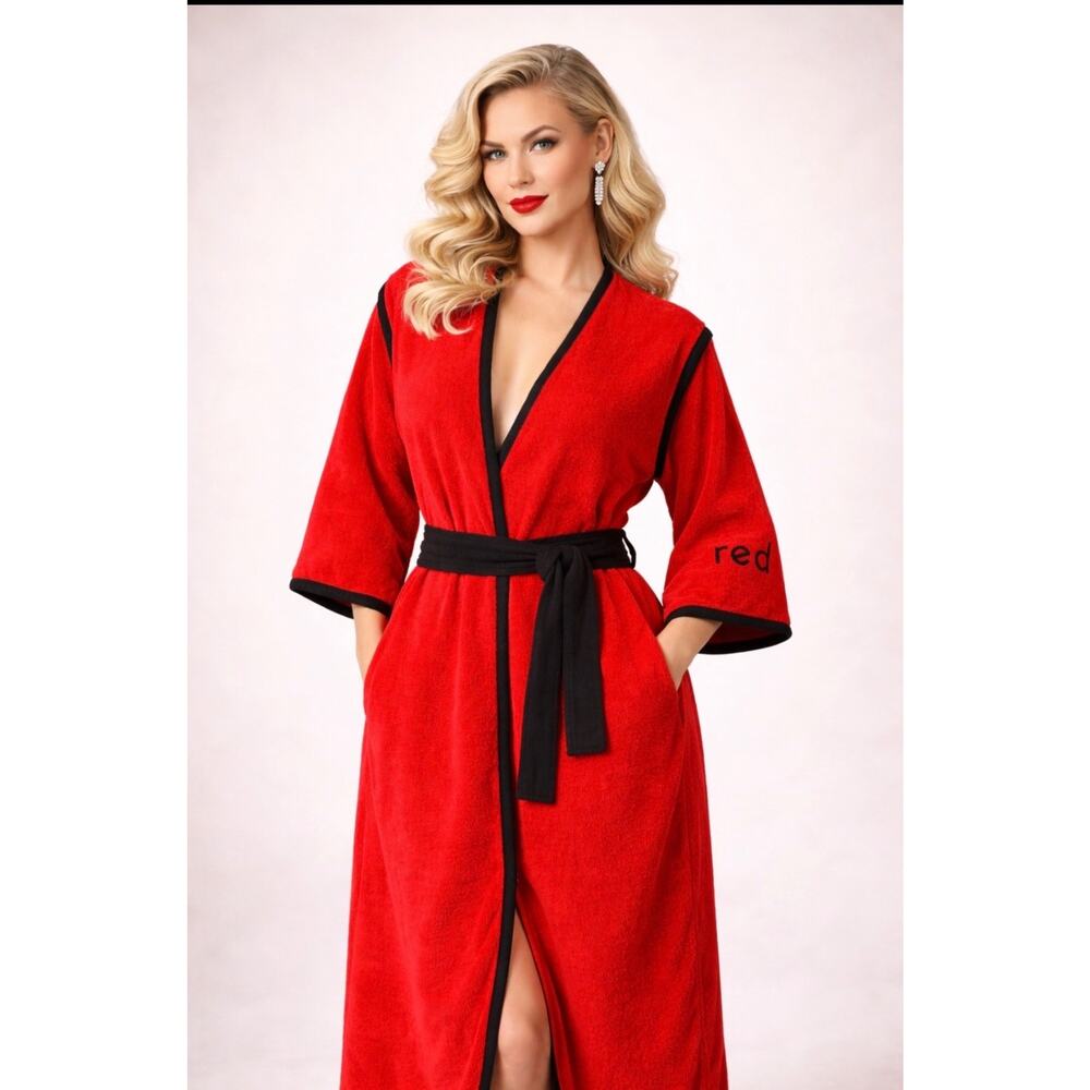 Vintage Neiman Marcus Bill Tice red glam cotton terry robe pockets Small